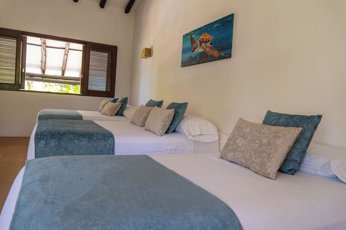 Habitación de hotel con dos camas, cada una con cubrecama azul y varias almohadas. En la pared, hay un cuadro de una tortuga marina.