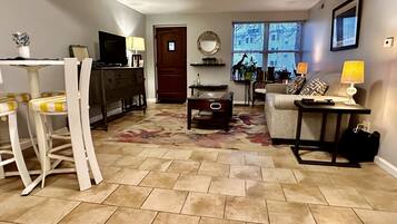 Smart TV, foosball, books, music library