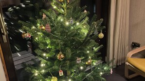 A Christmas tree with lights and ornaments in a room with a view of a cityscape at night. - Central, cosy and modern appartment in Houseboat. Amsterdam Pur Sang. (Amsterdam)