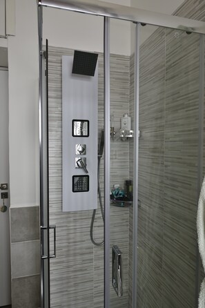 Hair dryer, bidet, towels, toilet paper