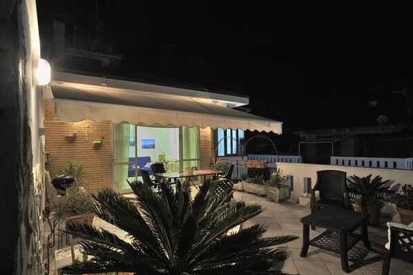 A well-lit outdoor patio area with a dining table and chairs, surrounded by potted plants and a large palm tree.
