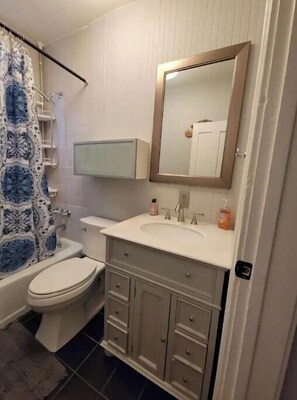 Bathtub, hair dryer, towels, soap