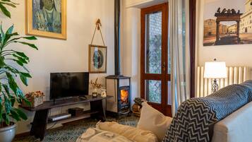 Smart TV, caminetto, libri