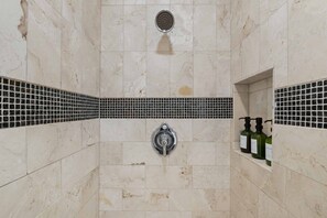 Hair dryer, towels, soap, shampoo