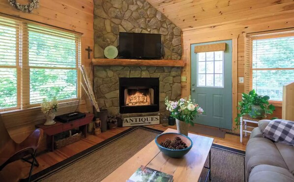 Fireplace - Pet-friendly 2-bd cabin w/hot tub and fenced-in yard close to town (Mineral Bluff)