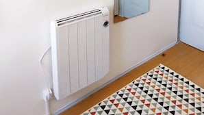Ein Zimmer mit einem weißen Heizkörper, einem gemusterten Teppich, einem Fernseher, der eine Strandansicht zeigt, und einer Tür mit einem Spiegel.