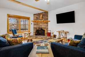 TV connectée, cheminée, livres