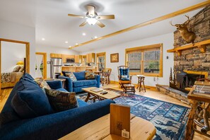 Smart TV, fireplace, books