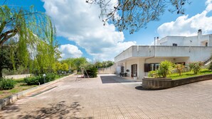 Une cour pavée avec un bâtiment, des arbres et une balançoire.