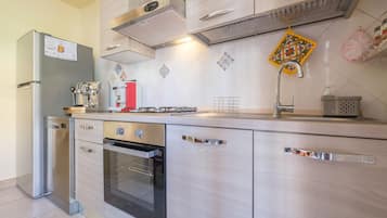 Een koelkast, een oven, een kookplaat, een vaatwasser