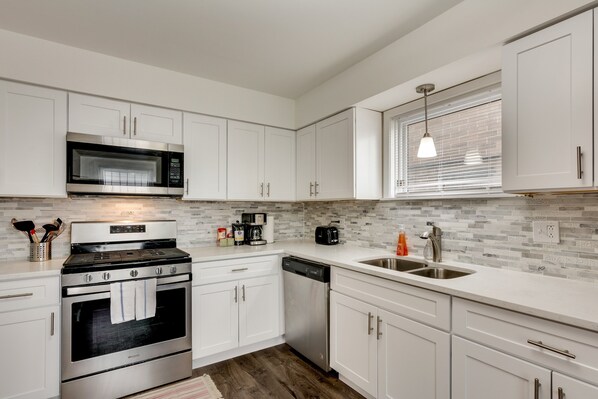 Fridge, microwave, oven, dishwasher