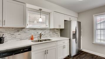 Fridge, microwave, oven, dishwasher