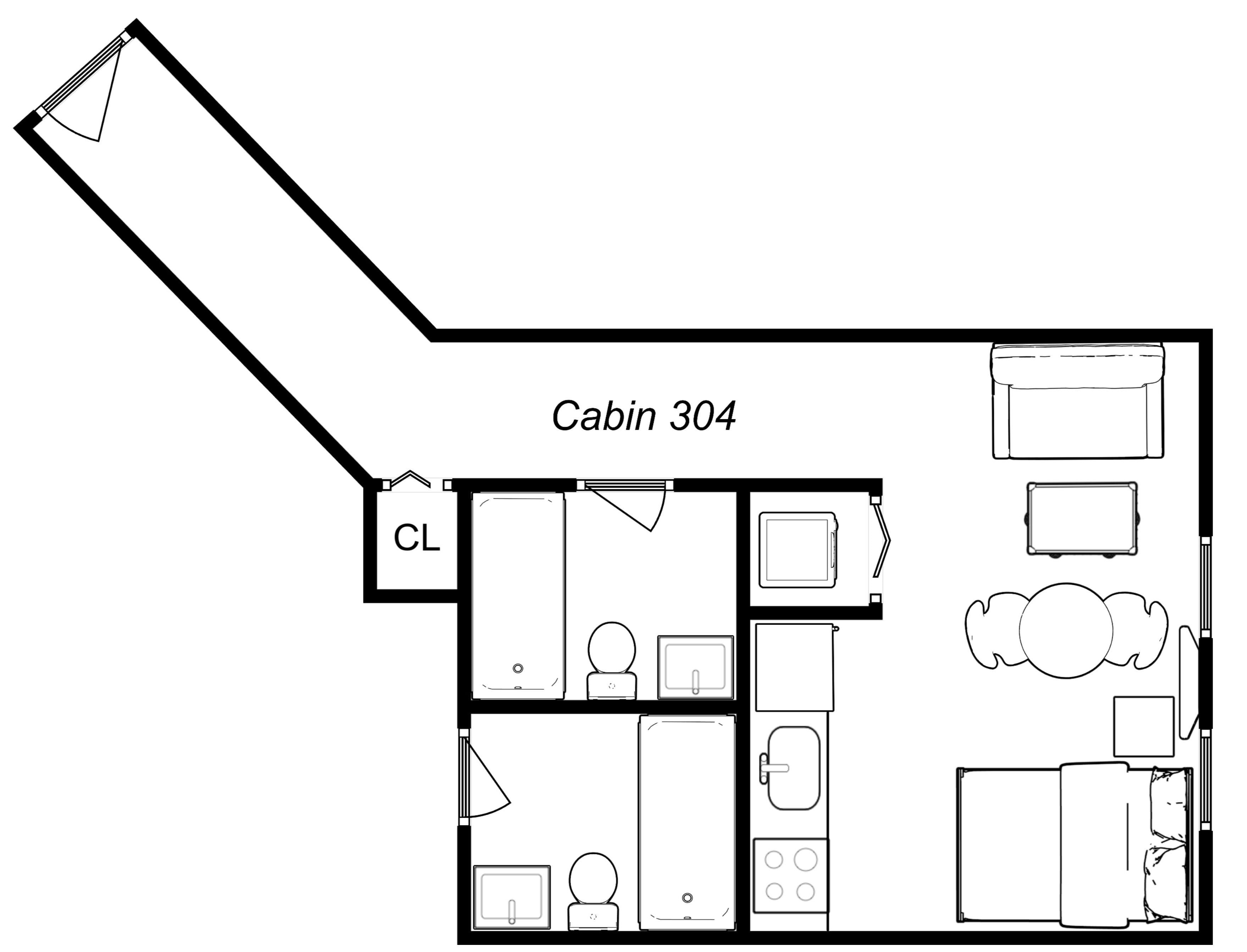 A floor plan of Cabin 304 with a living area, kitchenette, and a separate bathroom.