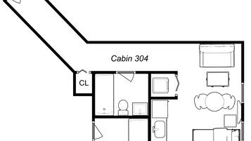 A floor plan of Cabin 304 with a living area, kitchenette, and a separate bathroom.