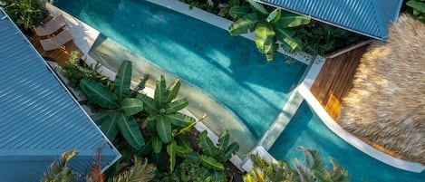 Una piscina en la azotea rodeada de exuberante vegetación y una estructura con techo de paja.