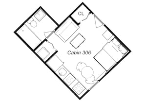 A floor plan of Cabin 306 with a living area, kitchenette, bathroom, and a bedroom. - River West, Third Floor Chicago by 747 Lofts (Chicago)