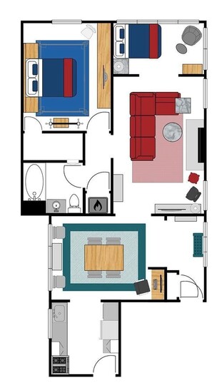 Indeling van een hotelkamer met een bed, zithoek, kitchenette, badkamer en een klein balkon.