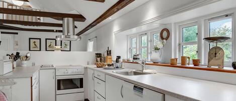 Fridge, stovetop, dishwasher, coffee/tea maker