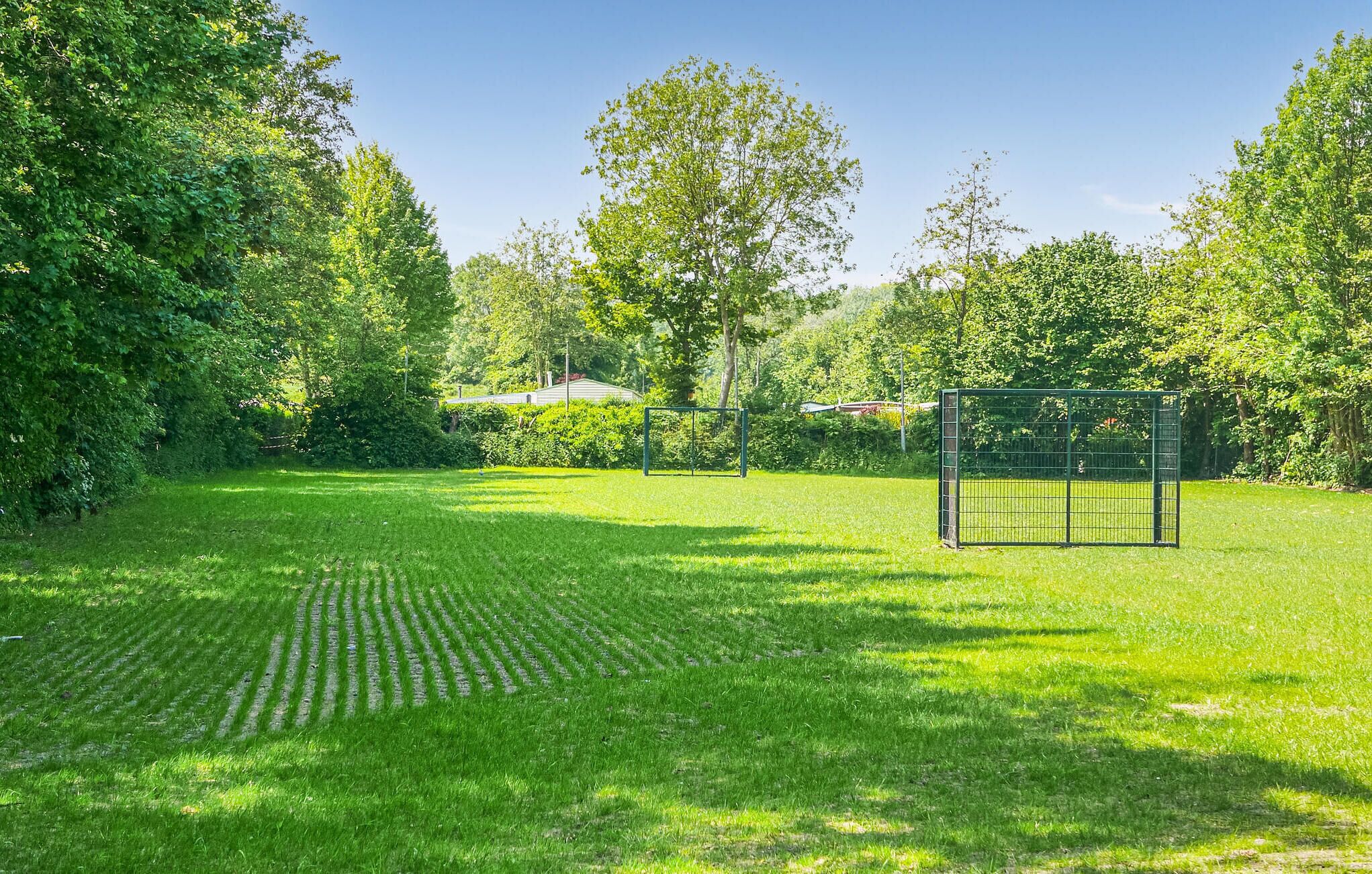 A well-maintained grassy area with a soccer goal, surrounded by trees and a clear sky.