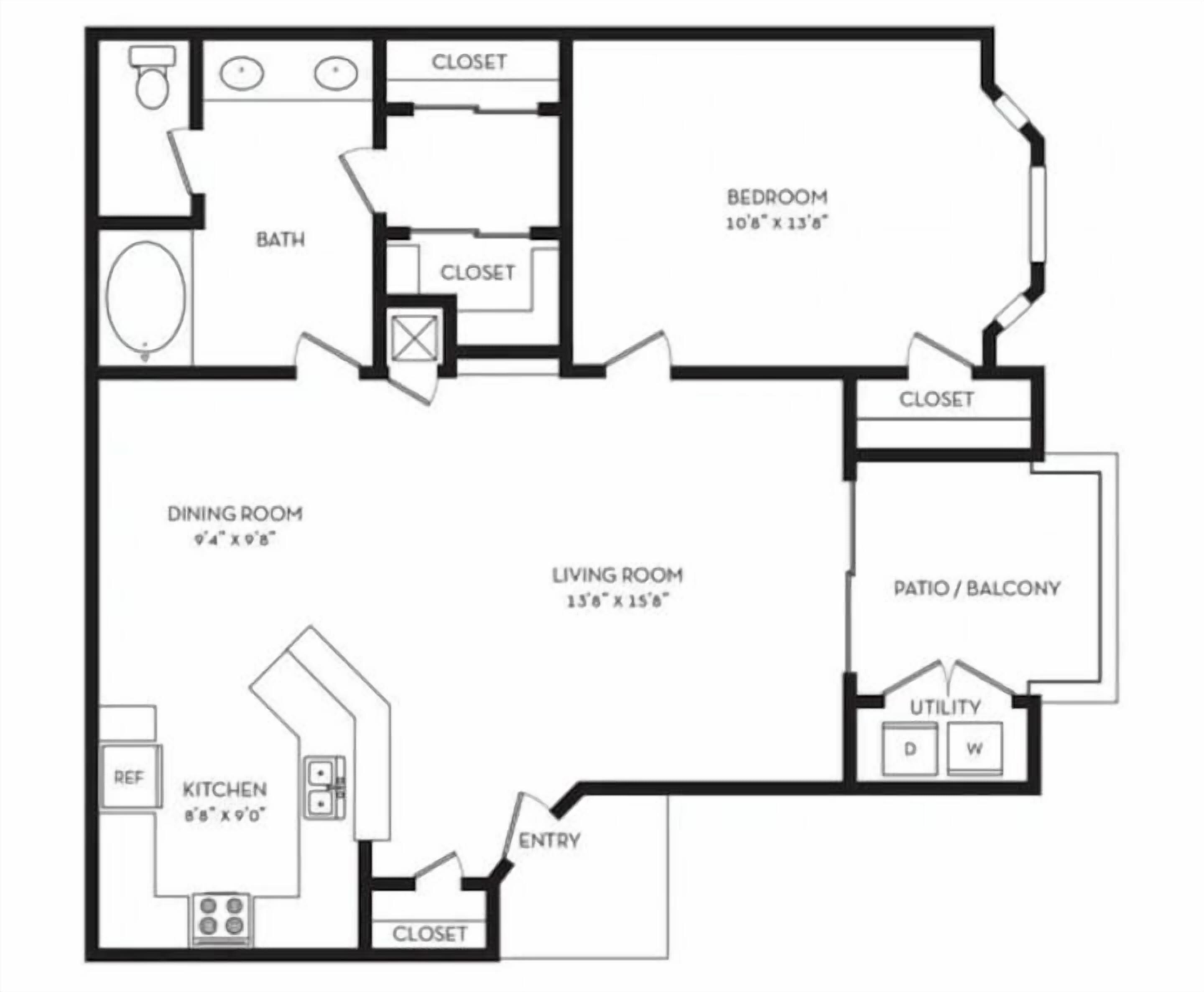 Un plan d’étage comprenant une chambre, une salle de bain, une salle à manger, une cuisine, un salon et une terrasse ou un balcon.