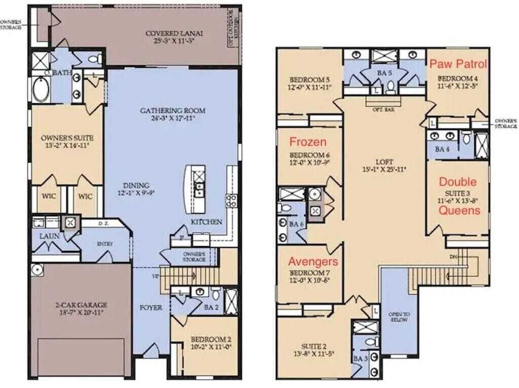 A floor plan of a hotel with a covered lanai, owner's suite, dining area, kitchen, and a 2-car garage.