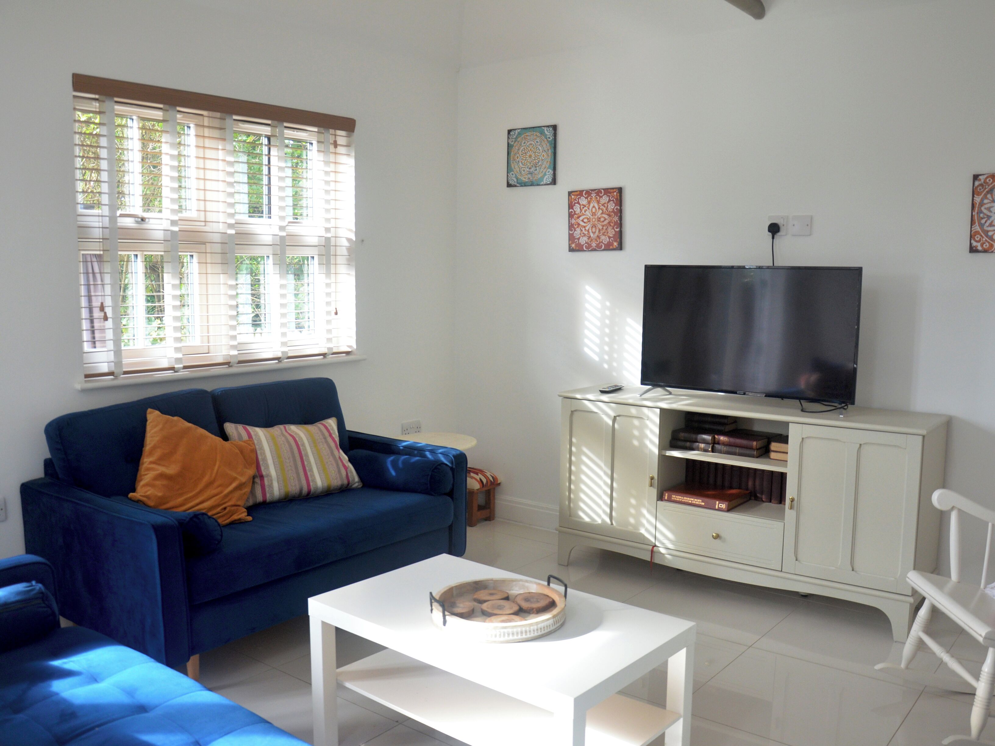 A living room with a blue sofa, a white coffee table, a TV on a stand, and a cabinet with books.