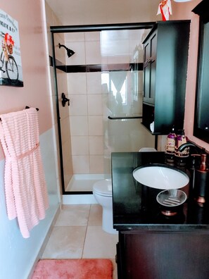 Dusche, Haartrockner, Handtücher, Seife