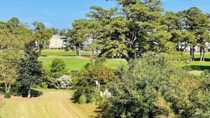 Un terrain de golf avec un grand arbre au premier plan, une pelouse bien entretenue et un bâtiment en arrière-plan.