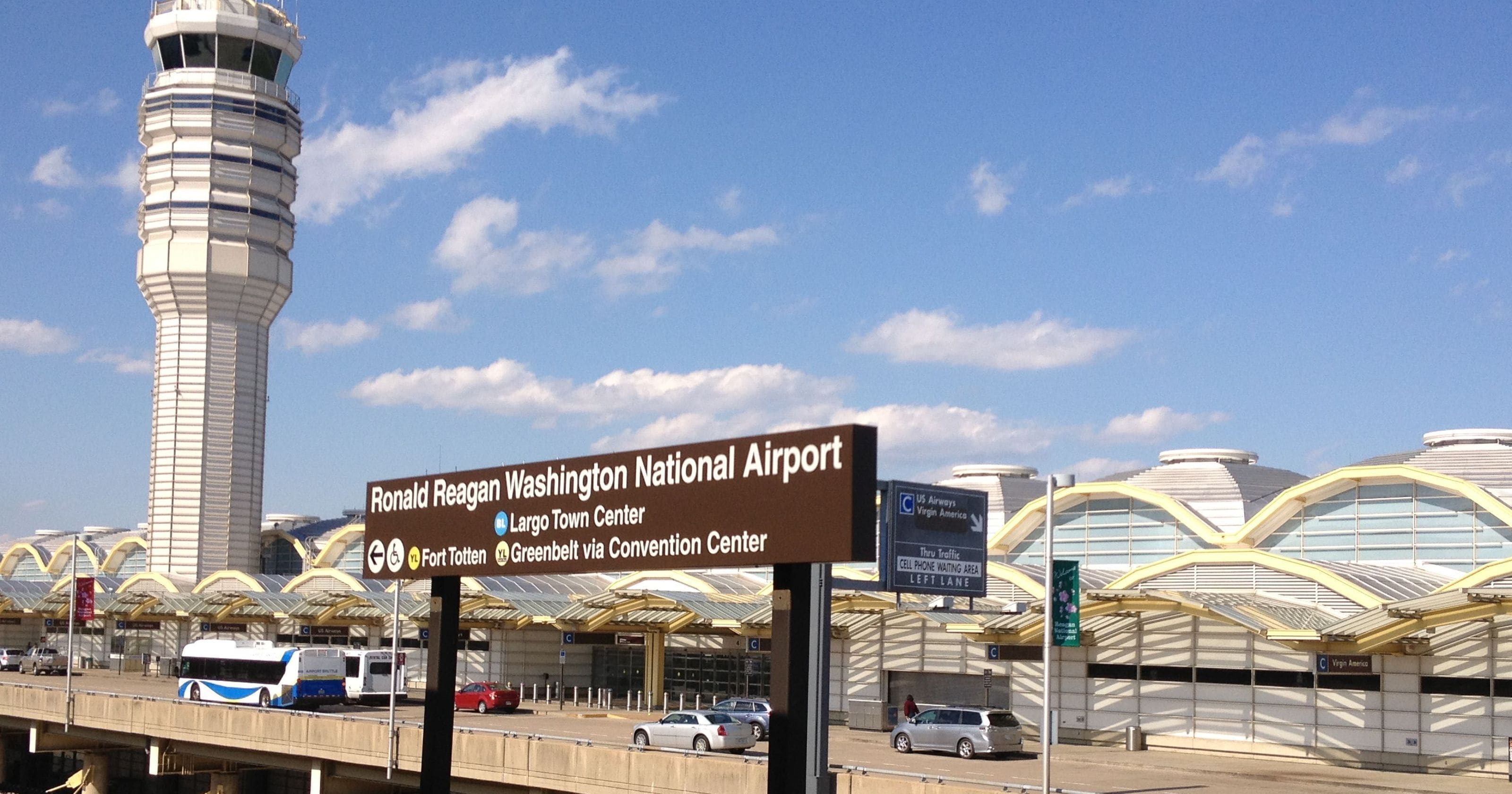 Ronald Reagan Washington National Airport with a sign indicating the Largo Town Center and Fort Totten.