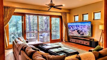 Smart TV, chimenea, libros y estéreo