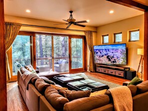 Smart TV, fireplace, books, stereo