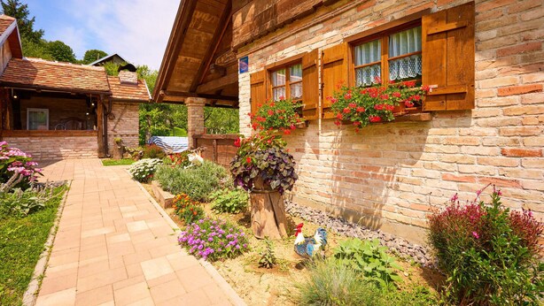 A traditional wooden house with a brick exterior, a stone pathway, and a variety of colorful flowers and plants. - 2 bedroom pet friendly home in Hrastovica (Hrastovica)