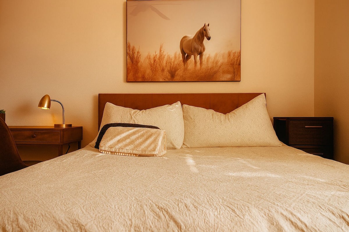 A neatly made bed with a textured blanket, a headboard, and two pillows. There is a bedside table with a lamp and a small plant. A framed picture of a horse is on the wall above the bed.