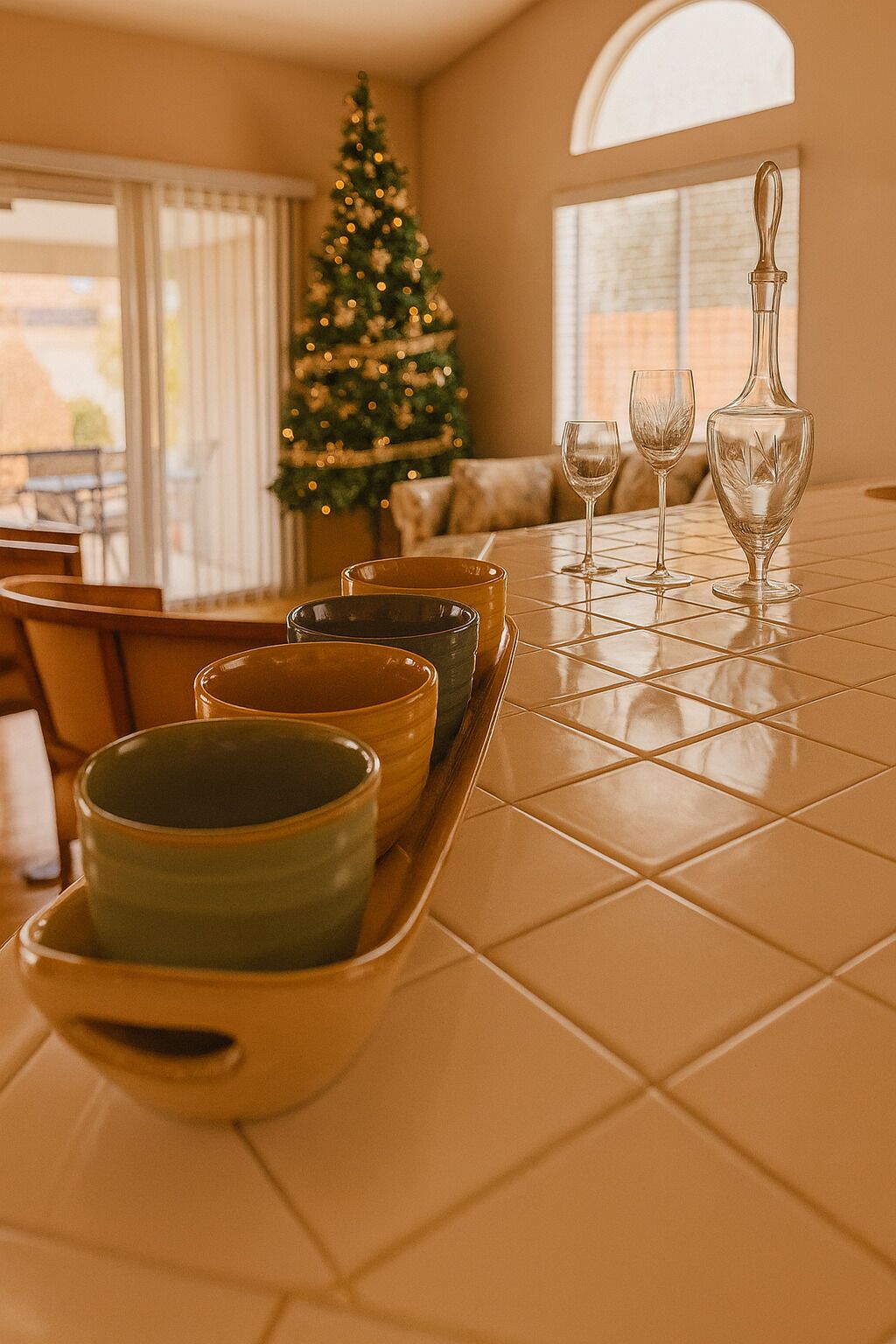 Une cuisine avec un sol carrelé, un sapin de Noël et une table à manger avec des bols et des verres.