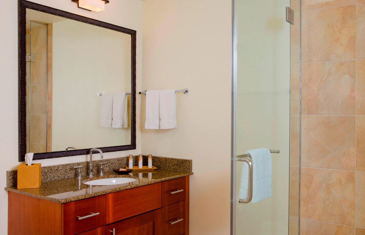 Une salle de bain avec un lavabo, un miroir et une douche.