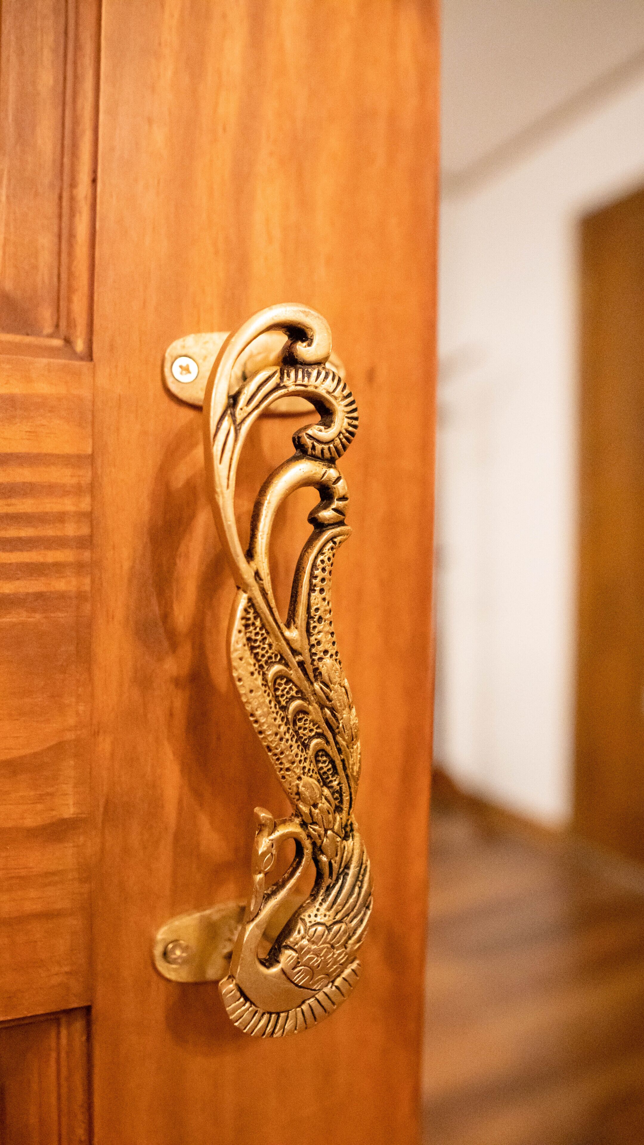 A wooden door with an ornate brass handle featuring a swan design.