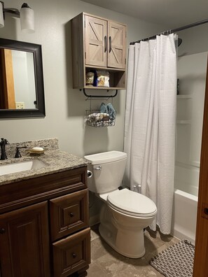 Combined shower/bathtub, hair dryer, towels, soap