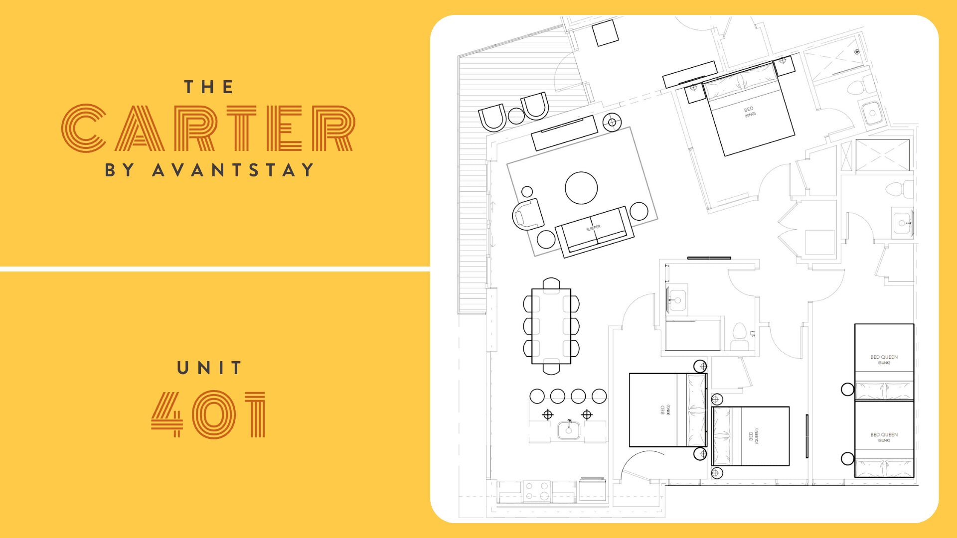 A floor plan of a hotel unit with a kitchenette, a dining area, a living room, and two bedrooms labeled as "BED QUEEN" and "BED."