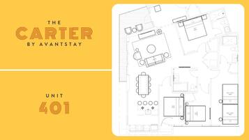 A floor plan of a hotel unit with a kitchenette, a dining area, a living room, and two bedrooms labeled as "BED QUEEN" and "BED."