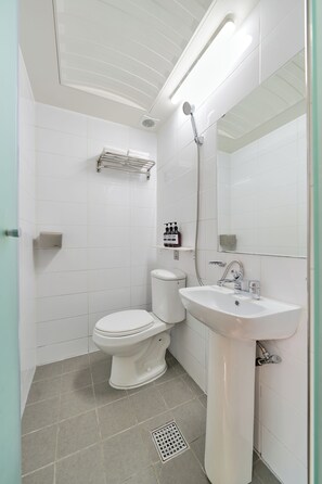 Economy tweepersoonskamer | Badkamer | Een douche, pantoffels, handdoeken