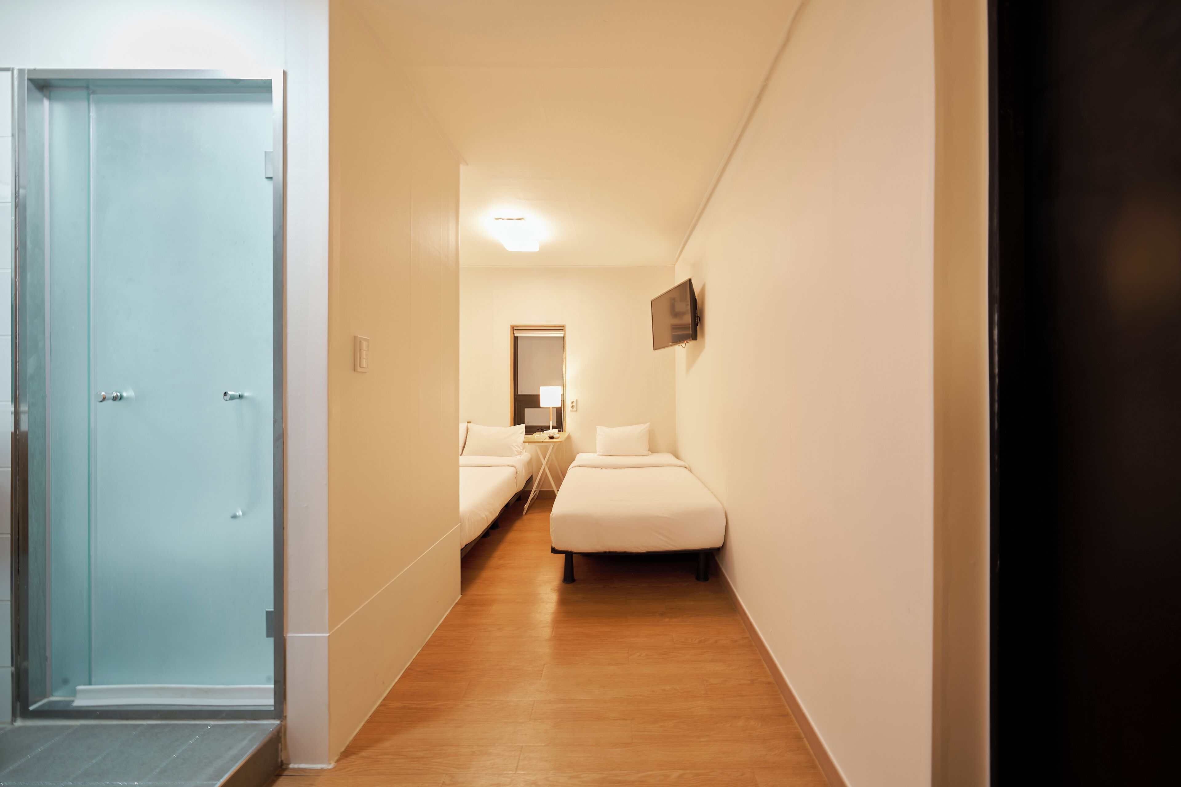 A narrow hallway with two beds, a door, and a mirror.