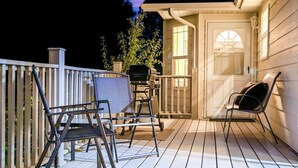 A wooden deck with a white railing, a grill, and two chairs. - Peaceful Cul-De-Sac Home, 1 Min. Drive To Zoo MT! (Billings)