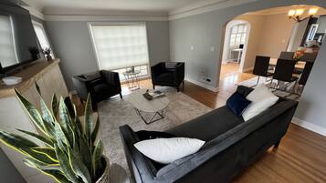 Smart TV, fireplace, books