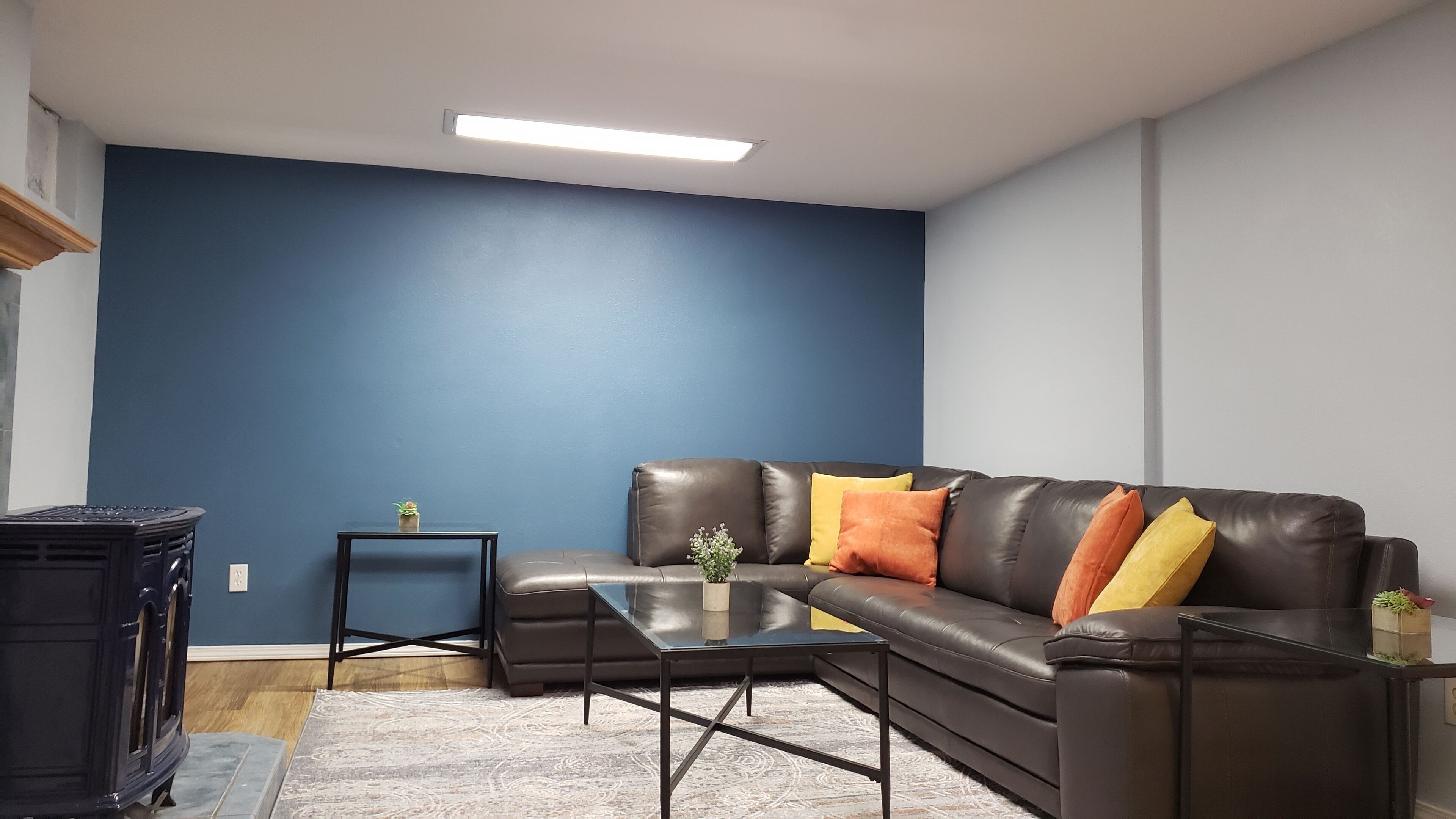 A living room with a dark brown leather sofa, a glass coffee table, and a small side table with a plant.