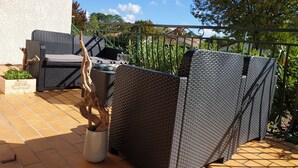 A patio area with wicker furniture, a potted plant, and a metal gate.