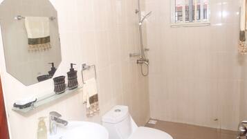 Combined shower/tub, towels, toilet paper