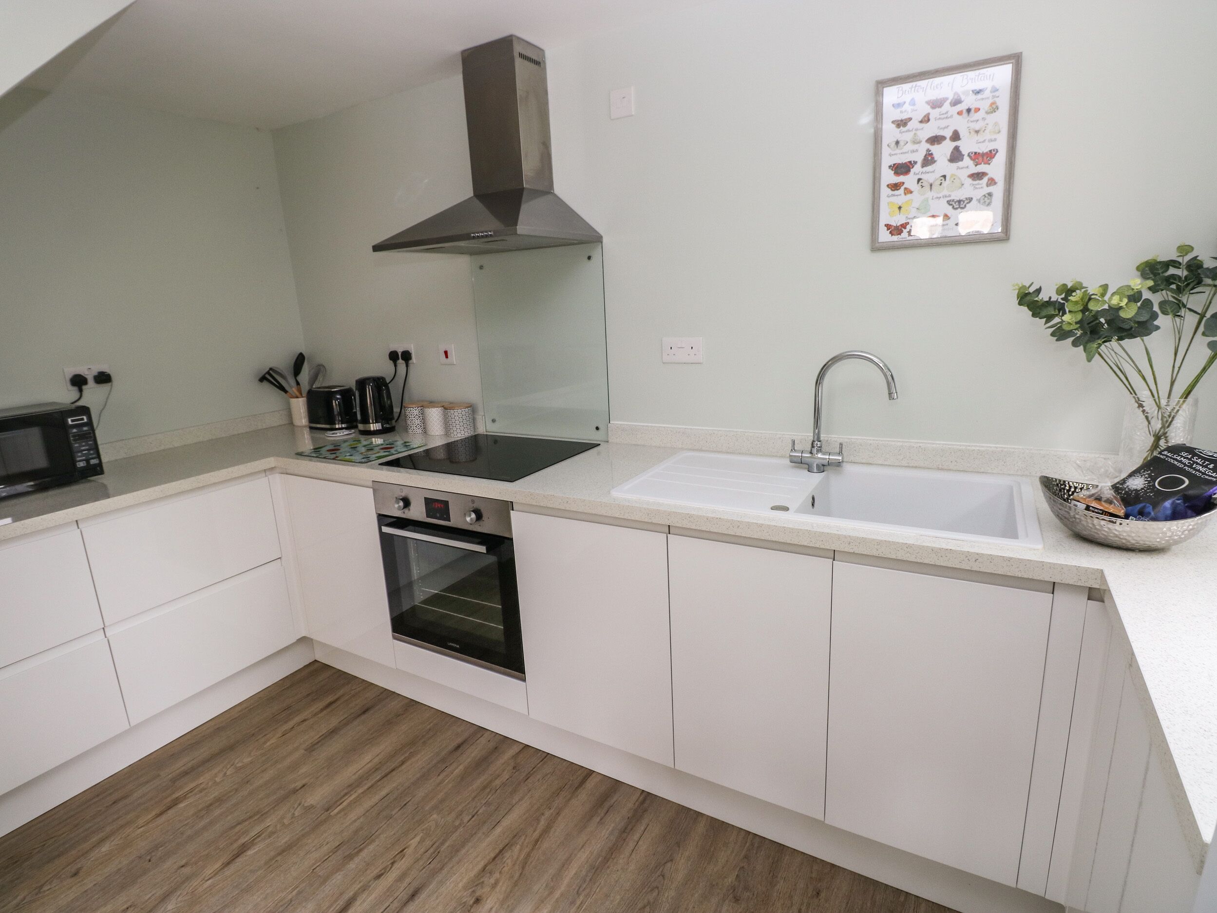 A modern kitchen with white cabinets, a stainless steel range hood, a built-in oven, a microwave, a sink, and a framed butterfly illustration on the wall.