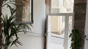 A room with a large window, a potted plant, and a door leading outside.
