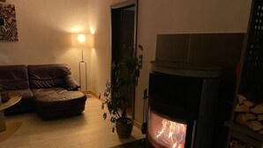 A cozy living room with a fireplace, a sofa, a floor lamp, and a potted plant. - AI guest card incl., New, very cozy FEWO comfortable 1A hygiene concept,  (Georgenthal/Thüringer Wald)