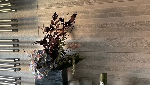 A bathroom with a modern design, featuring a marble wall, a glass shelf with toiletries, and a potted plant. - AI guest card incl., New, very cozy FEWO comfortable 1A hygiene concept,  (Georgenthal/Thüringer Wald)